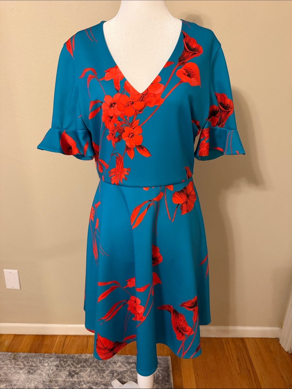 Ted Baker London Teal Dress with Red Floral Print